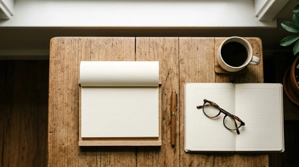 Notizbuch, Lesebrille und Kaffee auf einem Schreibtisch, Symbolbild f&uuml;r die Termine der Rentenreform 2026