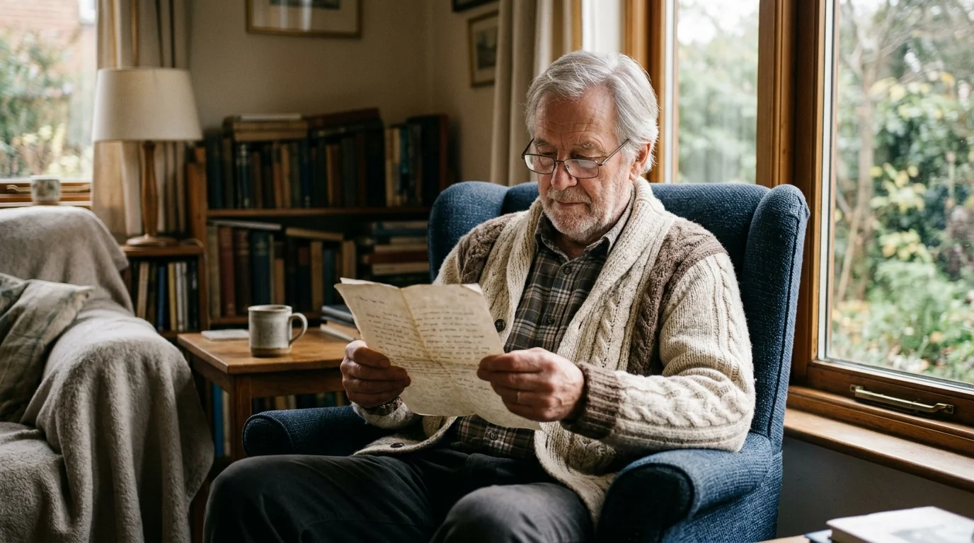 &Auml;lterer Herr liest nachdenklich ein Schriftst&uuml;ck in einem Wohnzimmer, Symbolbild f&uuml;r Rentenbescheid und Besteuerung
